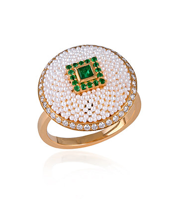 Pearl, Diamond and Emerald ring
